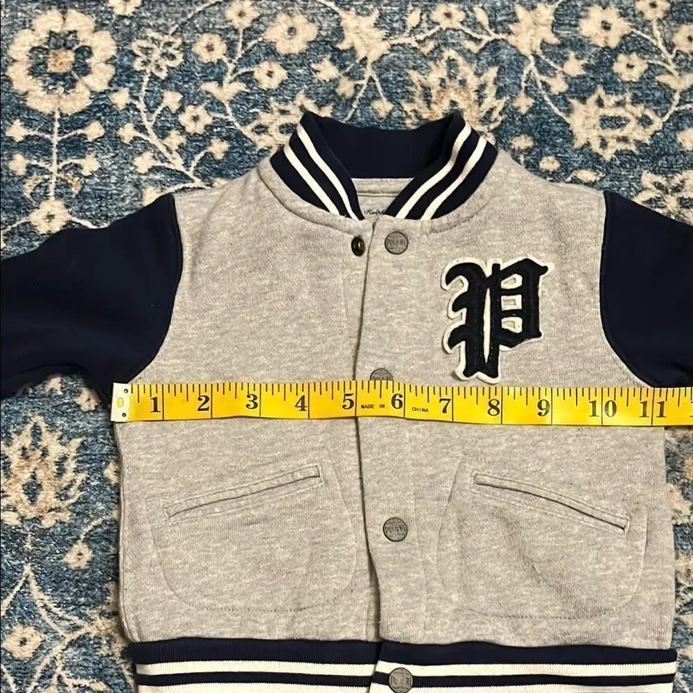 Ralph Lauren Gray Blue Bear Graphic Varsity Button Closure Jacket